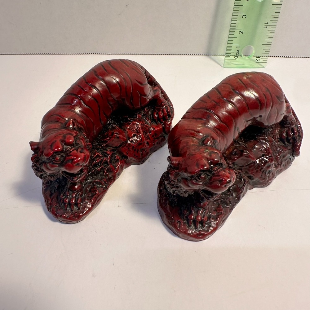 Pair Red Resin Chinese Tiger Figurines Crouching Feng Shui Asian Decor 5 inch